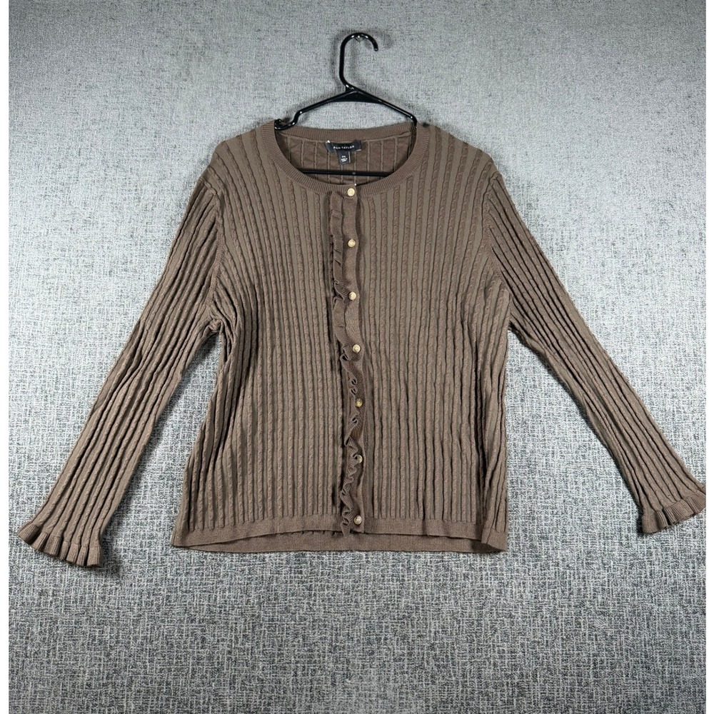 Ann Taylor Brown Cable Knit Ruffle Button Front Cardigan Sweater XXL NEW